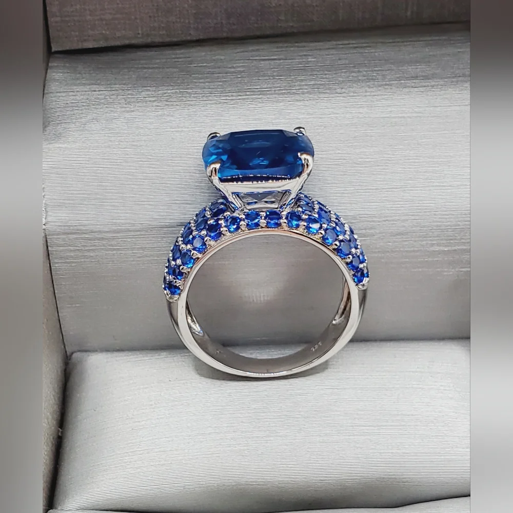 6 Carat Square Cushion Lab Created Blue Spinel Rhodium 925 Sterling Silver Ring